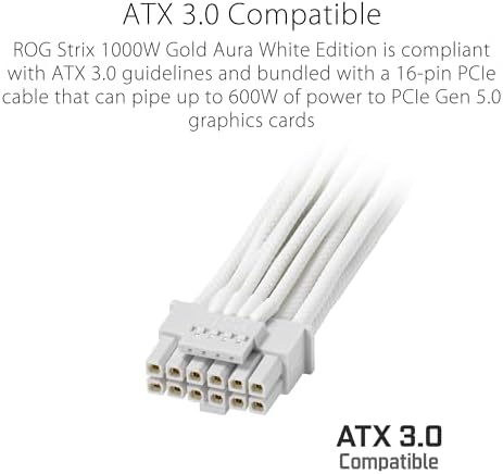 ASUS ROG Strix 1000W Platinum White Edition  Fully Modular Power Supply  80 Plus Platinum Certified  ATX 3 1  GaN MOSFET   GPU First  Patented Intelligent Voltage Stabilizer  10 Year Warranty