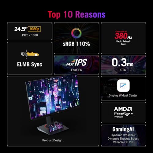 ASUS ROG Strix 25   24 5  viewable  Esports Gaming Monitor  XG259QNS    Full HD  380Hz  0 3ms  Fast IPS  Extreme Low Motion Blur Sync  FreeSync Premium  DisplayWidget  Ergonomic  3 yr Warranty