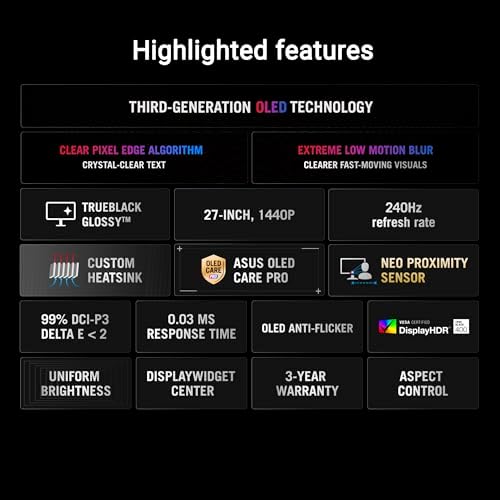 ASUS ROG Strix 27  OLED Gaming Monitor  XG27AQDMGR    27 inch  26 5 inch viewable  1440p TrueBlack Glossy  240 Hz  Neo Proximity Sensor  OLED Care Pro  ELMB  DisplayWidget Center