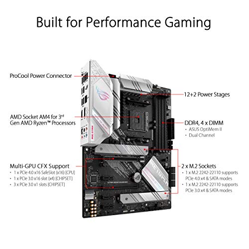 ASUS ROG Strix B550 A Gaming Desktop Motherboard   AMD B550 Chipset   Socket AM4   ATX   128 GB DDR4 SDRAM Maximum RAM   DIMM  UDIMM   4 x Memory Slots   HDMI   DisplayPort   6 x SATA Interfaces