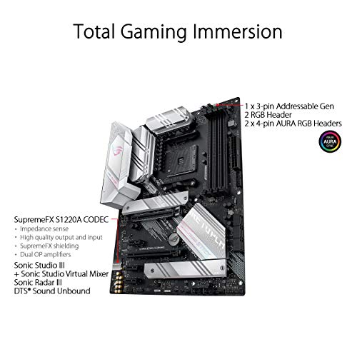 ASUS ROG Strix B550 A Gaming Desktop Motherboard   AMD B550 Chipset   Socket AM4   ATX   128 GB DDR4 SDRAM Maximum RAM   DIMM  UDIMM   4 x Memory Slots   HDMI   DisplayPort   6 x SATA Interfaces
