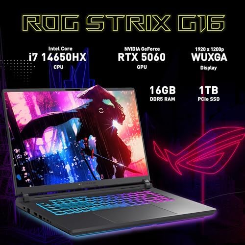 ASUS ROG Strix G16 16 FHD  165Hz Gaming Laptop  Intel i7 14650HX  Beats Intel i9 13900   GeForce RTX 5060  16GB DDR5 RAM  1TB SSD  Backlit Keyboard  Wi Fi 7  Gray  Win 11 Pro  Renewed 