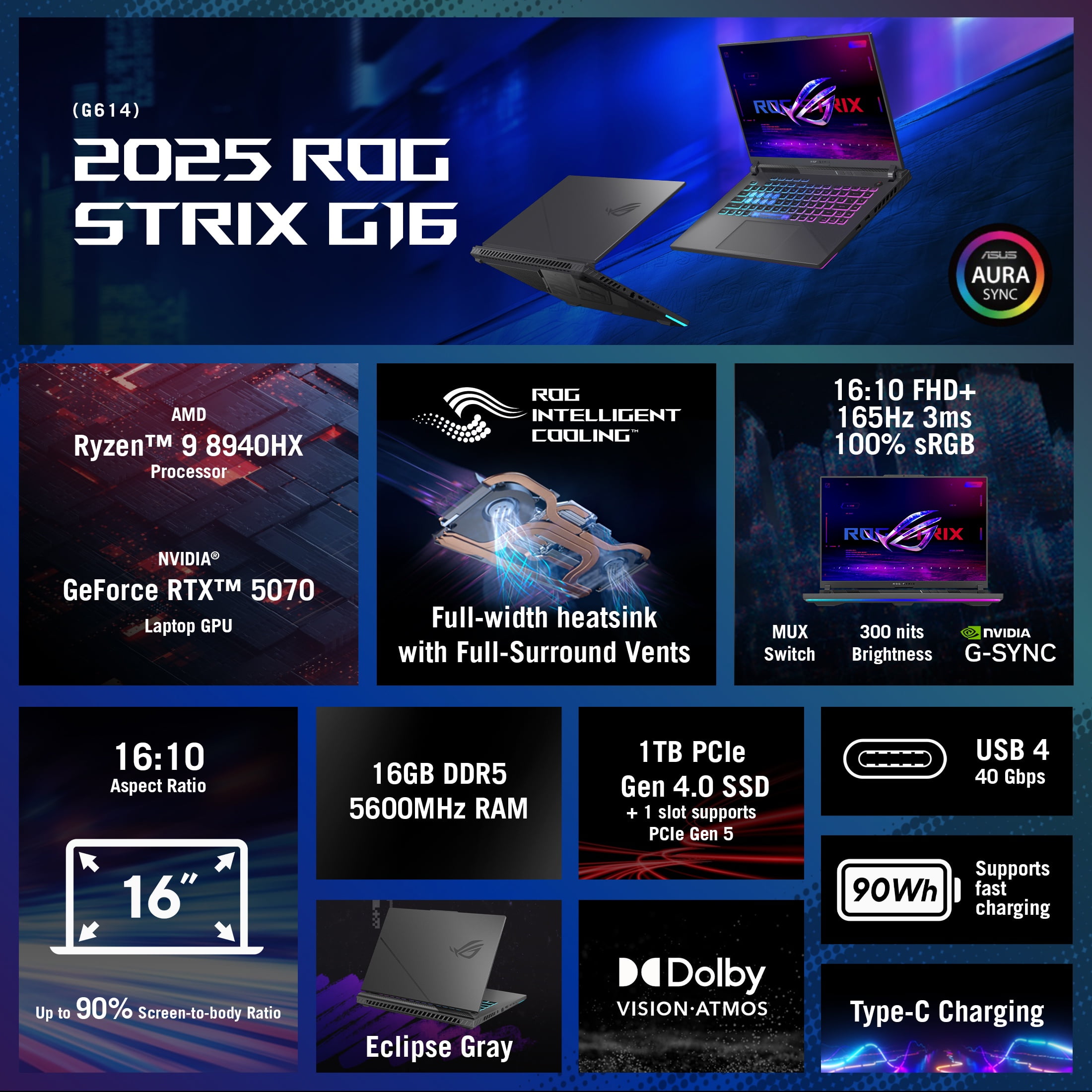 ASUS ROG Strix G16  2025  Gaming Laptop  16  16 10 FHD  165Hz/3ms  NVIDIA GeForce RTX 5070  AMD Ryzen 9 8940HX Processor  16GB DDR5 5600  1TB PCIe Gen 4 SSD  Wi Fi 6E  Windows 11 Home  G614PP WH94