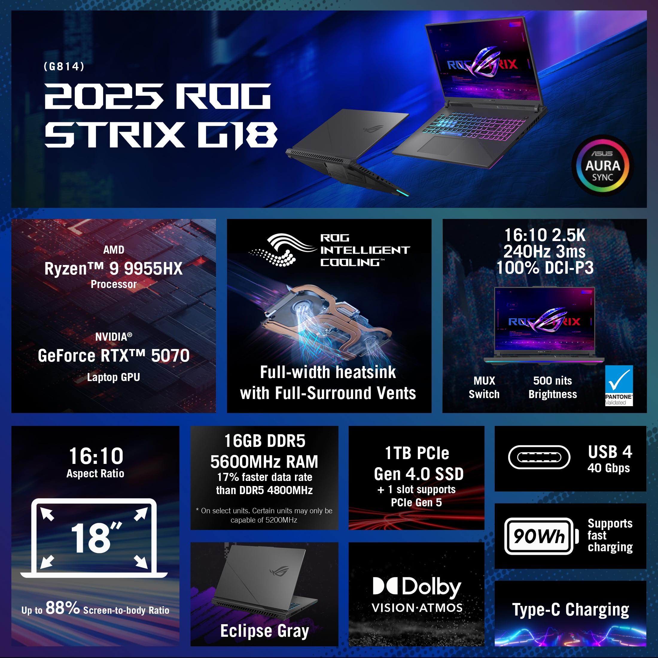 ASUS ROG Strix G18  2025  Gaming Laptop  18  WQXDA 240Hz AMD Ryzen 9 9955HX  NVIDIA GeForce RTX 5070 8GB VRAM 32GB DDR5 5600 RAM 1TB PCIe Gen 4 SSD Eclipse Gray