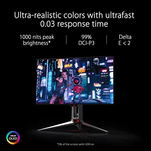 ASUS ROG Swift 27  4K QD OLED Gaming Monitor  PG27UCDM    240Hz  0 03ms  Custom Heatsink  Neo Proximity Sensor  G SYNC Compatible  99  DCI P3  True 10 bit color  DisplayPort 2 1a UHBR20  3 yr warranty