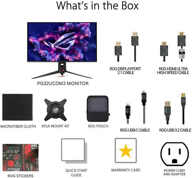 ASUS ROG Swift 32 inch UHD 4K 240Hz AMD FreeSync Premium Pro & G-Sync Compatible 0.03ms HDR500 USB-C GEN 3 OLED Gaming Computer Monitor with Height Adjustable, Swivel & Tilt Stand PG32UCDM3