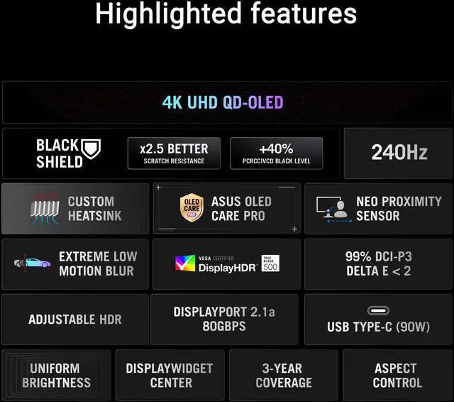 ASUS ROG Swift 32 inch UHD 4K 240Hz AMD FreeSync Premium Pro & G-Sync Compatible 0.03ms HDR500 USB-C GEN 3 OLED Gaming Computer Monitor with Height Adjustable, Swivel & Tilt Stand PG32UCDM3