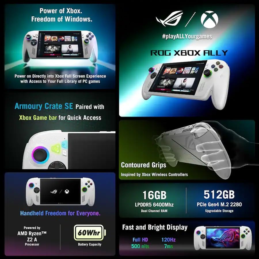 ASUS ROG Xbox Ally 7 FHD Gaming Handheld Console  120Hz IPS LED Touch Screen  AMD Ryzen Z2 A  Windows 11  with GSF 3 in 1 Kit  512GB SSD 