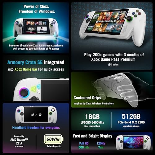 ASUS ROG Xbox Ally Gaming Handheld 7 120Hz Touchscreen IPS Display  AMD Ryzen Z2 A  16GB LPDDR5X  512GB SSD  AMD RDNA 2 Graphics  Fingerprint  WiFi 6E  Bluetooth 5 4  Win 11 Home  with DKZ Hub