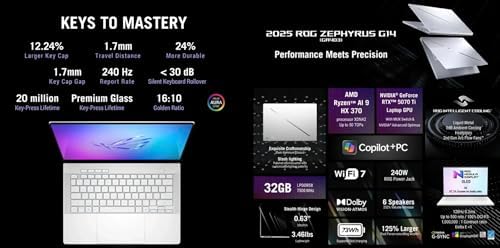 ASUS ROG Zephyrus AI Gaming Laptop 14 0 120Hz OLED 2 8K Display  AMD Ryzen AI 9 HX 370  GeForce RTX 5070 Ti 12GB  32GB LPDDR5X  4TB PCIe SSD  RGB KB  Win 11 Pro  with Dockztorm Hub