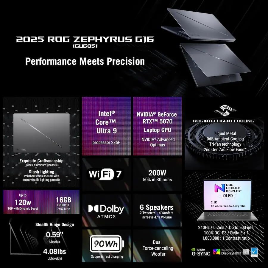 ASUS ROG Zephyrus G16 16" 2.5K OLED 240Hz Gaming Laptop, Intel Core Ultra 9 285H, RTX5070, 16GB LPDDR5X 2TB SSD, Wi-Fi7, Backlit KB, Win11, Thunderbolt4, Eclipse Gray, w/2TB USB Drive, W/GaLiMu