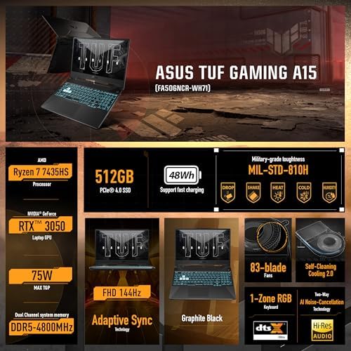 ASUS TUF A15 Gaming Laptop  15 6  Full HD 144Hz Display  GeForce RTX 3050  AMD Ryzen 7 7435HS  8GB DDR5 RAM  512GB PCIe SSD  Wi Fi 6  Windows 11