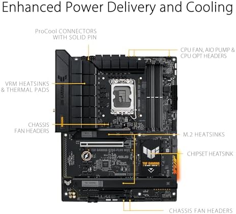 ASUS TUF GAMING B760 PLUS WIFI Intel B760 LGA 1700 ATX motherboard  Ready for 14th  13th & 12th Gen Intel  Core CPU  12 1 1 Stages  PCIe 5 0  3x M 2  DDR5  2 5G  USB 3 2 Type C   Thunderbolt 4   USB4 