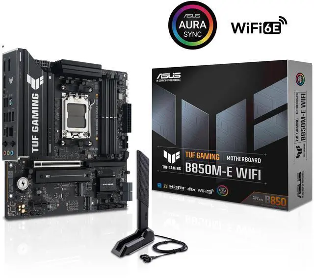 ASUS TUF GAMING B850M E WIFI AMD B850 mATX motherboard  8 2 1 80A DrMOS power stages  DDR5  PCIe 5 0  three M 2 slots  WiFi 6E  2 5Gb Ethernet  DisplayPort  HDMI  rear USB C 10Gbps and front USB C 5Gbps