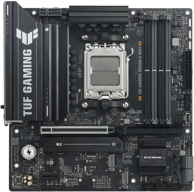 ASUS TUF GAMING B850M E WIFI AMD B850 mATX motherboard  8 2 1 80A DrMOS power stages  DDR5  PCIe 5 0  three M 2 slots  WiFi 6E  2 5Gb Ethernet  DisplayPort  HDMI  rear USB C 10Gbps and front USB C 5Gbps