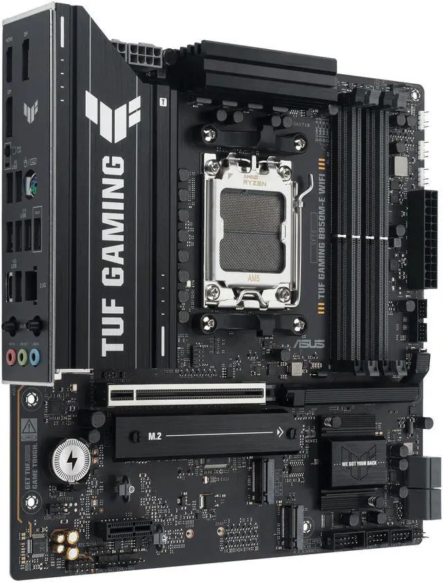 ASUS TUF GAMING B850M E WIFI AMD B850 mATX motherboard  8 2 1 80A DrMOS power stages  DDR5  PCIe 5 0  three M 2 slots  WiFi 6E  2 5Gb Ethernet  DisplayPort  HDMI  rear USB C 10Gbps and front USB C 5Gbps