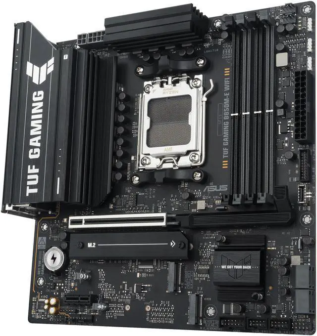 ASUS TUF GAMING B850M E WIFI AMD B850 mATX motherboard  8 2 1 80A DrMOS power stages  DDR5  PCIe 5 0  three M 2 slots  WiFi 6E  2 5Gb Ethernet  DisplayPort  HDMI  rear USB C 10Gbps and front USB C 5Gbps