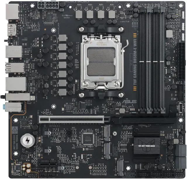 ASUS TUF GAMING B850M E WIFI AMD B850 mATX motherboard  8 2 1 80A DrMOS power stages  DDR5  PCIe 5 0  three M 2 slots  WiFi 6E  2 5Gb Ethernet  DisplayPort  HDMI  rear USB C 10Gbps and front USB C 5Gbps