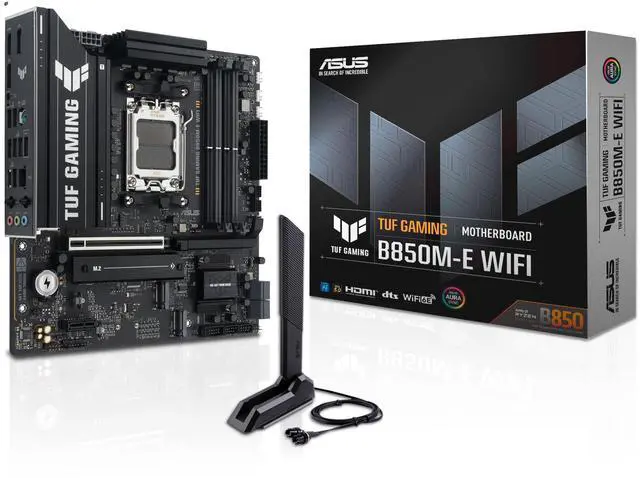 ASUS TUF GAMING B850M E WIFI AMD B850 mATX motherboard  8 2 1 80A DrMOS power stages  DDR5  PCIe 5 0  three M 2 slots  WiFi 6E  2 5Gb Ethernet  DisplayPort  HDMI  rear USB C 10Gbps and front USB C 5Gbps
