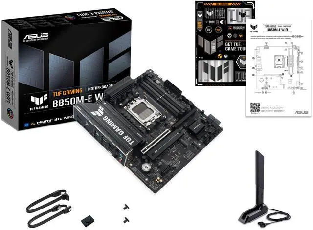 ASUS TUF GAMING B850M E WIFI AMD B850 mATX motherboard  8 2 1 80A DrMOS power stages  DDR5  PCIe 5 0  three M 2 slots  WiFi 6E  2 5Gb Ethernet  DisplayPort  HDMI  rear USB C 10Gbps and front USB C 5Gbps