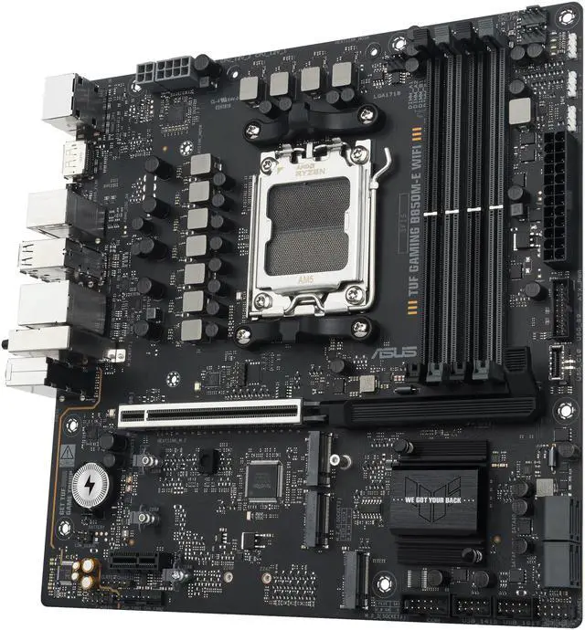 ASUS TUF GAMING B850M E WIFI AMD B850 mATX motherboard  8 2 1 80A DrMOS power stages  DDR5  PCIe 5 0  three M 2 slots  WiFi 6E  2 5Gb Ethernet  DisplayPort  HDMI  rear USB C 10Gbps and front USB C 5Gbps