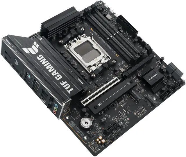 Placa base ASUS TUF GAMING B850M-E WIFI AMD B850 mATX, 8+2+1 etapas de potencia DrMOS de 80 A, DDR5, PCIe 5.0, tres ranuras M.2, WiFi 6E, Ethernet de 2,5 Gb, DisplayPort, HDMI, USB-C trasero de 10 Gbps y USB-C frontal de 5 Gbps