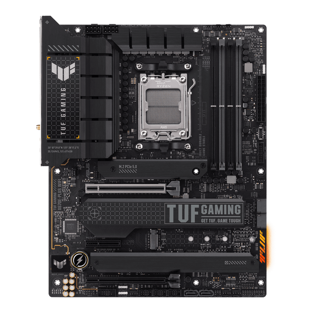 ASUS TUF GAMING X670E PLUS WIFI 6E Socket AM5  LGA 1718  Ryzen 7000 ATX Gaming Motherboard  16 Power Stages  PCIe 5 0  DDR5 Memory  Four M 2 Slots  WiFi 6E and 2 5 Gb Ethernet  USB 4 Header  Two Way A