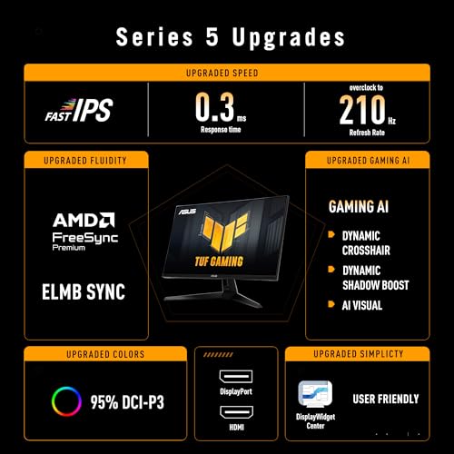 ASUS TUF Gaming 27  1440P Monitor  VG27AQL5A    QHD  2560 x 1440   210Hz  0 3ms  Fast IPS  Extreme Low Motion Blur Sync  Speakers  DisplayWidget Center  Gaming AI  Height Adjustment  3 yr Warranty