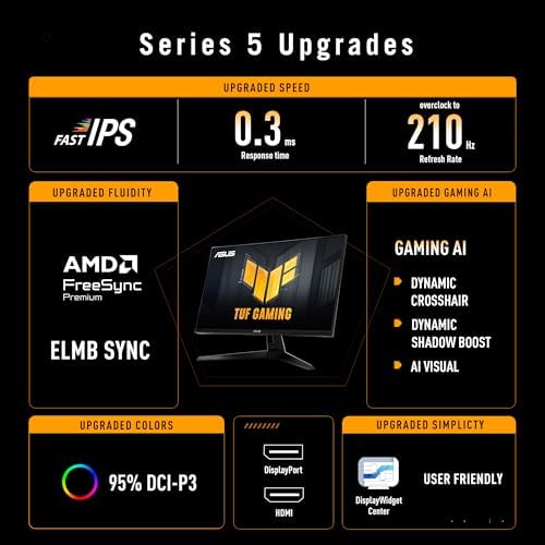 ASUS TUF Gaming 27  1440P Monitor  VG27AQL5A    QHD  2560 x 1440   210Hz  0 3ms  Fast IPS  Extreme Low Motion Blur Sync  Speakers  DisplayWidget Center  Gaming AI  Height Adjustment  3 yr Warranty