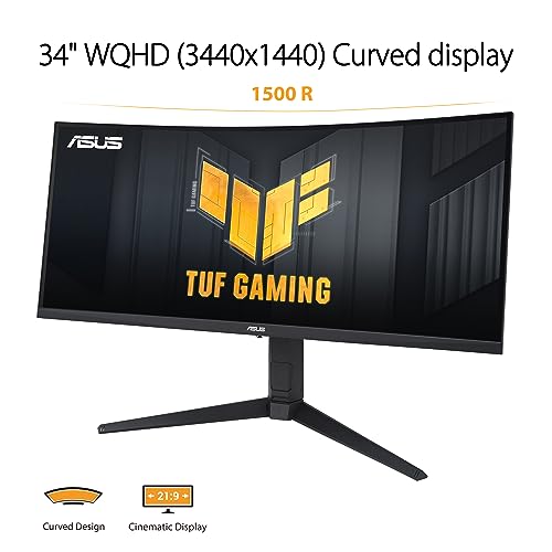 ASUS TUF Gaming - Monitor curvo de 34 pulgadas 1440P 1500R (VG34VQL3A) QHD (3440 x 1440), 180 Hz, 1 ms, ELMB, Freesync Premium Pro, 125 % sRGB, DisplayHDR 400, altura ajustable