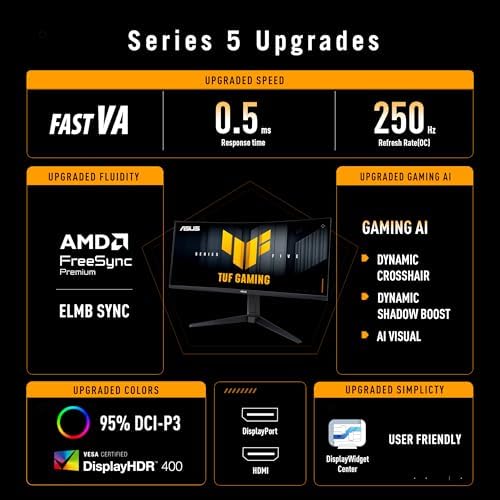 ASUS TUF Gaming 34  1440P Ultrawide Curved Monitor  VG34WQML5A    250Hz  0 5ms  FastIPS  FreeSync Premium  Extreme Low Motion Blur  DisplayHDR400  95  DCI P3  DisplayWidget  Gaming AI  3 yr Warranty