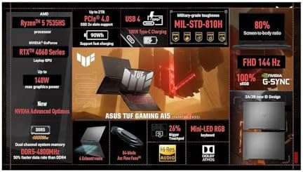 ASUS TUF Gaming A15 Gaming Laptop  15 6  FHD 144Hz  100  sRGB Display  GeForce RTX 4060  AMD Ryzen 5 7535HS  16GB DDR5  512GB PCIe SSD  Wi Fi 6  Windows 11  FA507NV EH53