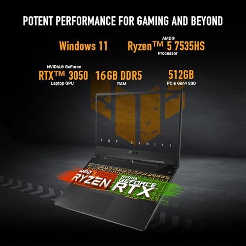 ASUS TUF Gaming A15 Gaming Laptop  15 6  FHD 16 9 144Hz Display  AMD Ryzen  5 7535HS Processor  NVIDIA  GeForce RTX  3050  16GB DDR5  512GB PCIe  Gen 4 0 SSD  Wi Fi 6  Windows 11 Home  FA506NC DS53