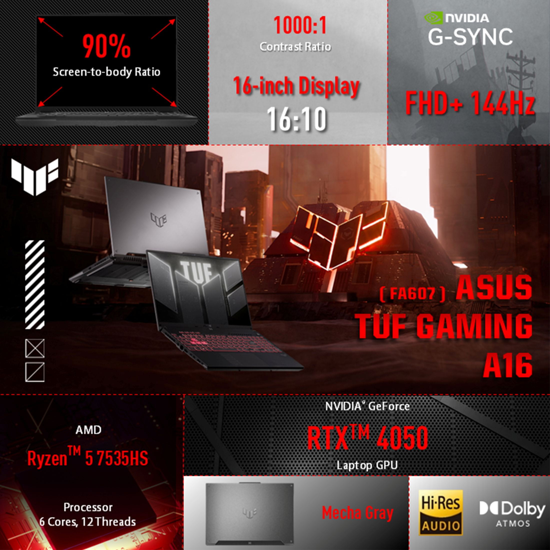 ASUS Computadora Portátil para Juegos TUF Gaming A16 (2025) Copilot+ PC, Pantalla de 16” 16:10 FHD+ 144Hz, AMD ryzenTM 5 7535HS, NVIDIA GeForce RTX 4050, 16GB DDR5, 512GB PCIe SSD, Wi-Fi 6, Windows 11 Home FA607NU-WS53