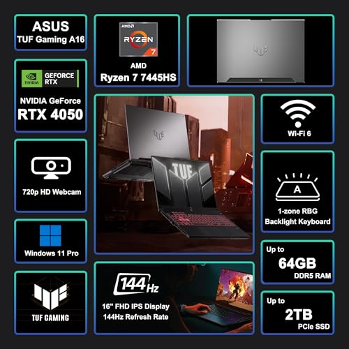ASUS TUF Gaming A16 Laptop 16 WUXGA IPS 144Hz AMD 6 core Ryzen 7 7445HS 16GB DDR5 1TB SSD NVIDIA GeForce RTX 4050  Up to 194 AI Tops  RGB Backlit USB4 Two Way AI Noise Cancelation Win11Pro ICP Hub
