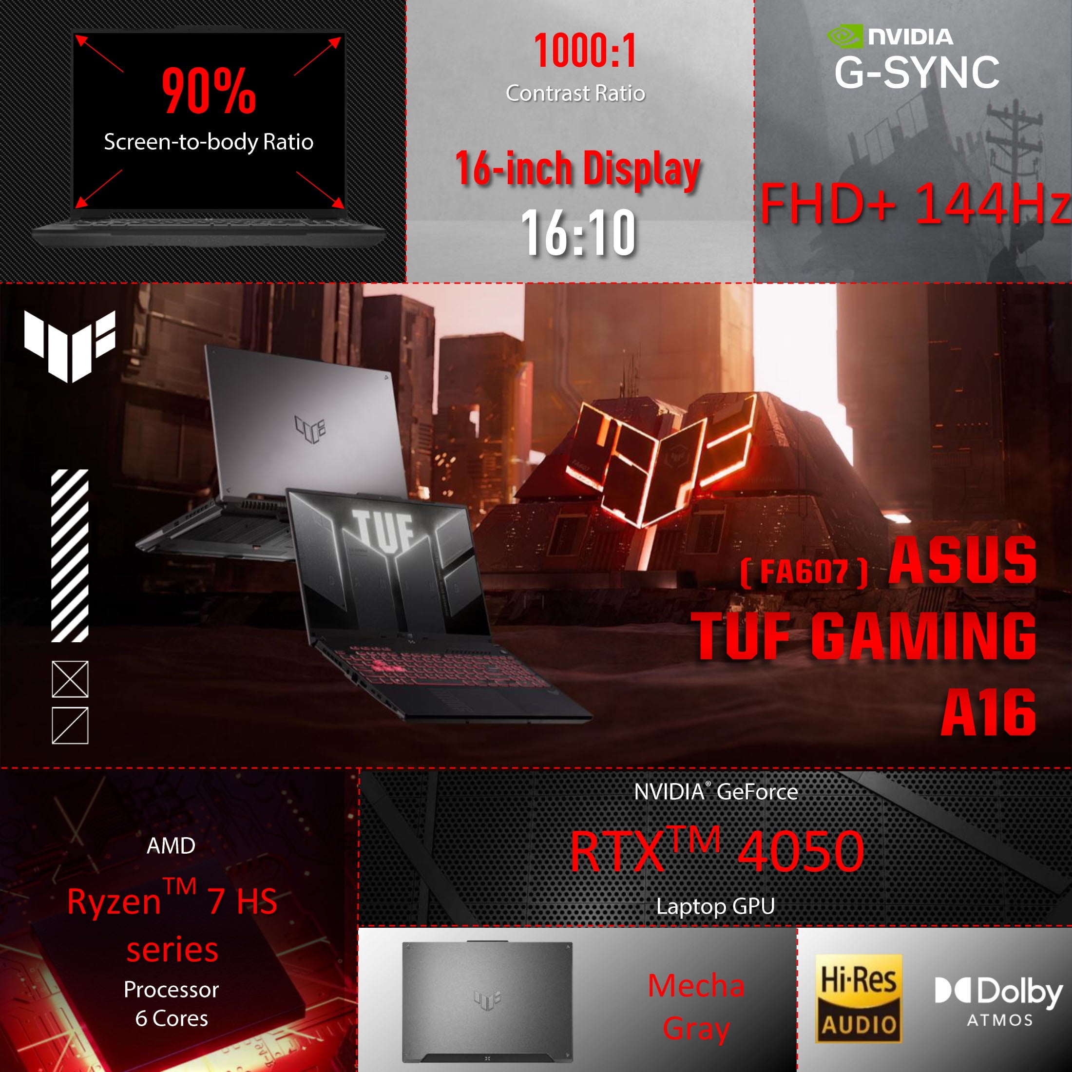 ASUS TUF Gaming A16 Portátil para Juegos, 16” WUXGA 144Hz, AMD Ryzen 7 7445HS, NVIDIA GeForce RTX 4050, 16GB DDR5, 512GB PCIe SSD Mecha Gris - 3 Meses de Microsoft 365 Personal Incluido