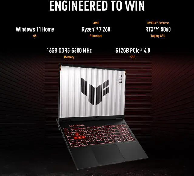 ASUS TUF Gaming A16   16" FHD  165 Hz   AMD Ryzen 7 260   GeForce RTX 5060 Laptop GPU   16GB Memory DDR5 5600   512GB NVMe SSD   Windows 11 Home   90NR0KV1 M002T0