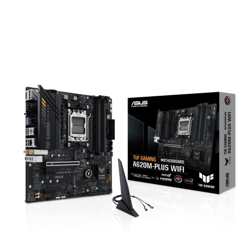 ASUS TUF Gaming A620M PLUS WiFi  AMD AM5  Ryzen 7000  microATX Gaming Motherboard DDR5 PCIe 4 0 2xM 2 Slots 2 5Gb LAN Wi Fi6 2xDisplayPort HDMI Front USB 3 2 Gen 1 Type C BIOS Flashback M 2 Q Latch 