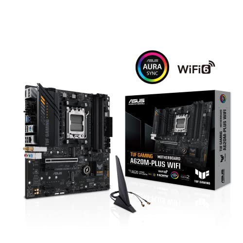 ASUS TUF Gaming A620M PLUS WiFi  AMD AM5  Ryzen 7000  microATX Gaming Motherboard DDR5 PCIe 4 0 2xM 2 Slots 2 5Gb LAN Wi Fi6 2xDisplayPort HDMI Front USB 3 2 Gen 1 Type C BIOS Flashback M 2 Q Latch 