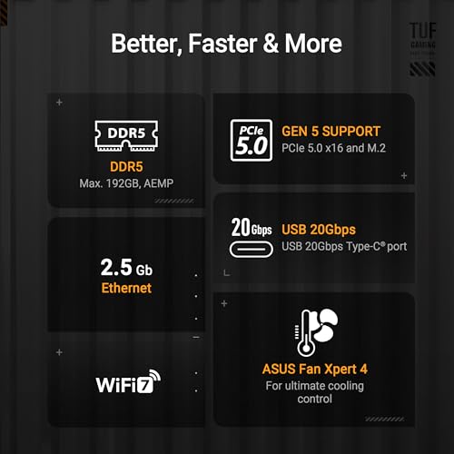 ASUS TUF Gaming B850 PLUS WiFi AMD AM5 B850 ATX Motherboard 14 2 1 80A Stages AI Ready DDR5 PCIe 5 0 3X M 2 Wi Fi 7 2 5Gb LAN DisplayPort HDMI USB 10Gbps & 20Gbps Type C BIOS Flashback