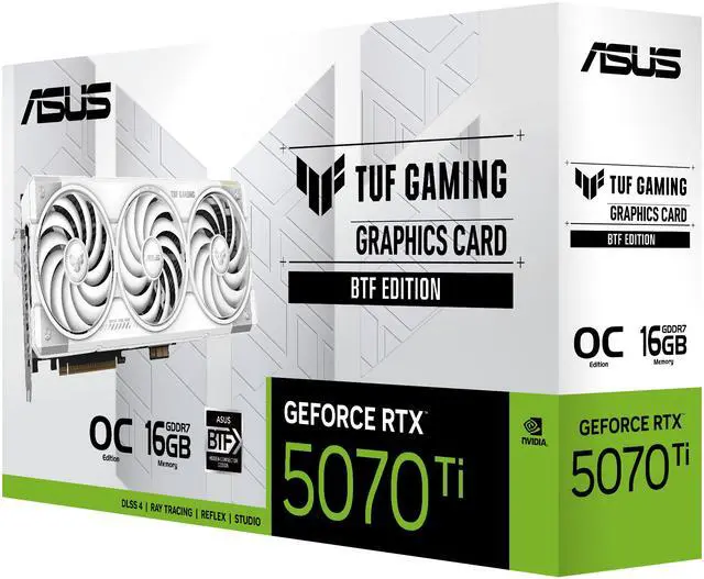 Tarjetas gráficas ASUS TUF Gaming BTF White Edition con adaptador GC-HPWR desmontable GeForce RTX 5070 Ti 16 GB GDDR7 PCI Express 5.0 x16 ATX TUF-RTX5070TI-O16G-BTF-WHITE