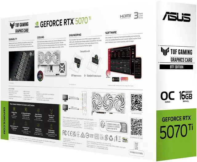 ASUS TUF Gaming BTF White Edition with Detachable GC HPWR Adapter GeForce RTX 5070 Ti 16GB GDDR7 PCI Express 5 0 x16 ATX Graphics Cards TUF RTX5070TI O16G BTF WHITE