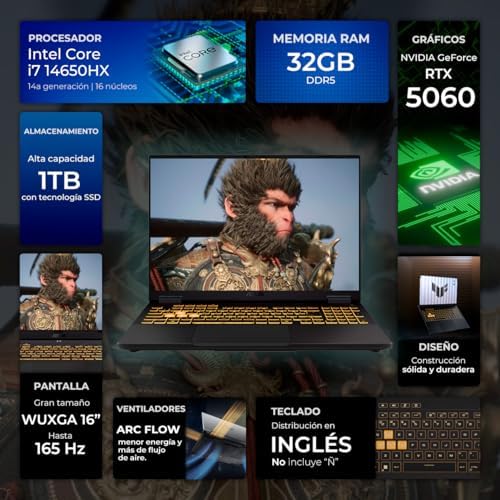 ASUS TUF Gaming F16 Laptop 16 FHD  165Hz Display  Intel Core i7 14650HX  32GB RAM  1TB SSD  NVIDIA GeForce RTX 5060 8GB  Windows 11  High Performance Gray Gaming Notebook