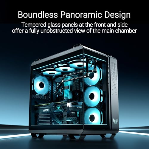 ASUS TUF Gaming GT502 Horizon ATX Mid-Tower - Funda para juegos (diseño panorámico ilimitado, doble cámara, zonas de enfriamiento independientes de CPU y GPU, paneles laterales sin herramientas, panel
