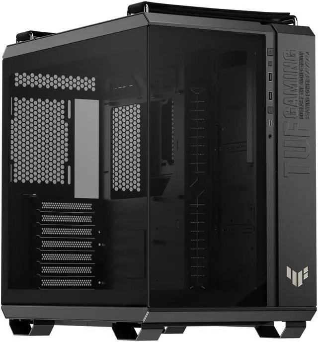 ASUS TUF Gaming GT502 Horizon ATX Mid Tower Gaming Case  boundless panoramic design  dual chamber  independent CPU and GPU cooling zones  tool free side panels  USB 10 Gbps Type C front panel 