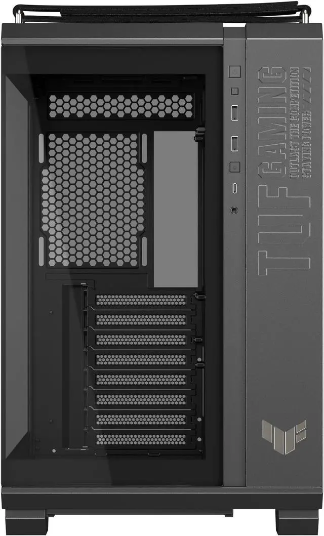 ASUS TUF Gaming GT502 Horizon ATX Mid Tower Gaming Case  boundless panoramic design  dual chamber  independent CPU and GPU cooling zones  tool free side panels  USB 10 Gbps Type C front panel 