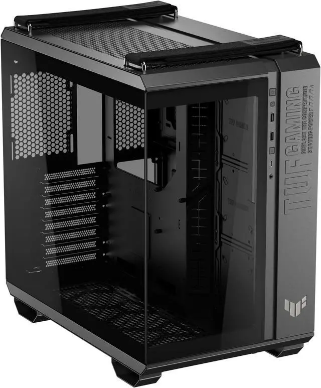 ASUS TUF Gaming GT502 Horizon ATX Mid Tower Gaming Case  boundless panoramic design  dual chamber  independent CPU and GPU cooling zones  tool free side panels  USB 10 Gbps Type C front panel 