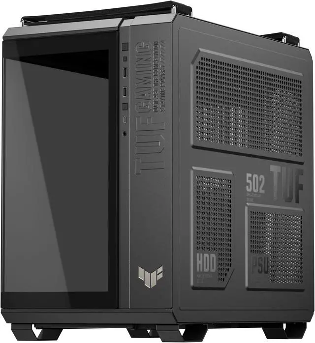 ASUS TUF Gaming GT502 Horizon ATX Mid Tower Gaming Case  boundless panoramic design  dual chamber  independent CPU and GPU cooling zones  tool free side panels  USB 10 Gbps Type C front panel 