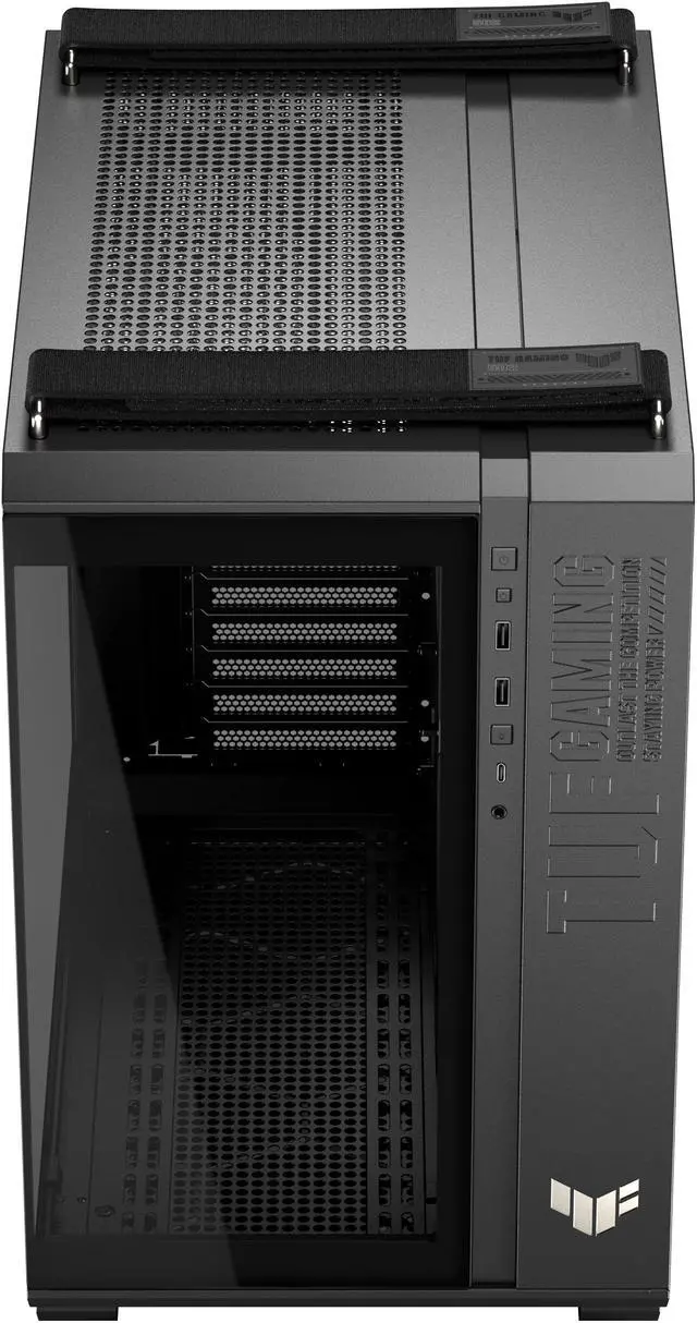 ASUS TUF Gaming GT502 Horizon ATX Mid Tower Gaming Case  boundless panoramic design  dual chamber  independent CPU and GPU cooling zones  tool free side panels  USB 10 Gbps Type C front panel 