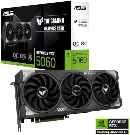 ASUS TUF Gaming NVIDIA GeForce RTX 5060 8GB GDDR7 OC Edition Graphics Card   PCIe 5 0  HDMI/DP 2 1  3 1 Slot  Military Grade Components  Protective PCB Coating  Axial tech Fans   3 Year Warranty